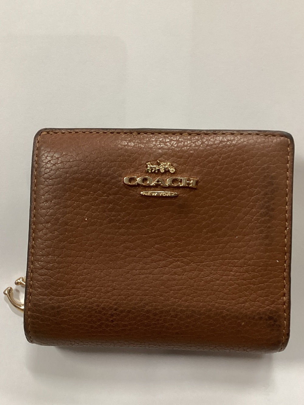 Coach Pebbled Leather Compact Wallet in Chestnut Brown with Gold Accents